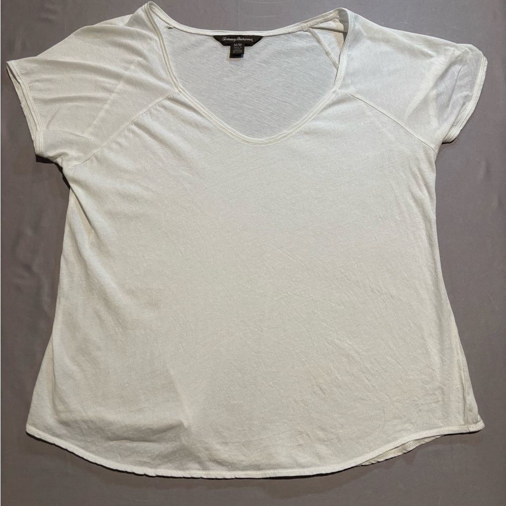Tommy Bahama Women's Medium White Linen Blend V-Neck Shimmer Tee Sparkle Top